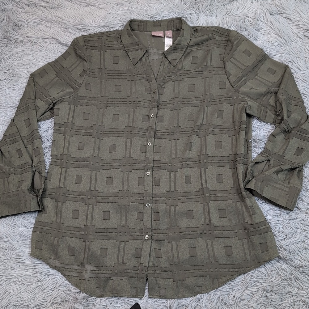 Chico's Shirt Womens 3 Green Career Lightweight Button Up Casual Comfort‎ XL